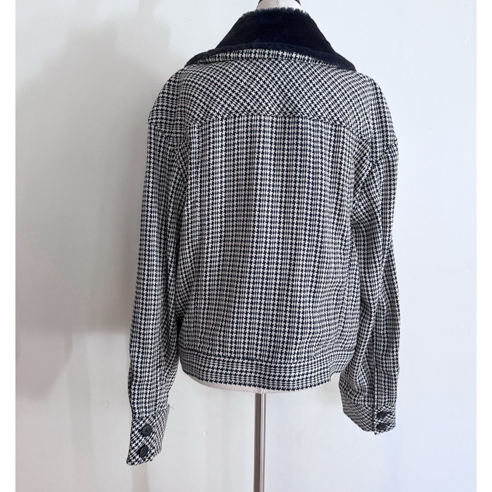 EUC Anthropologie Maeve Tweed Blue Faux Fur-Collar Herringbone Jacket Large - Picture 7 of 10